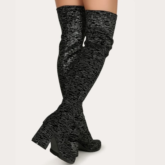 Sparkly Velvet Pointed Toe Thigh High Over the Knee Lugged Boot - Picture 3 of 12